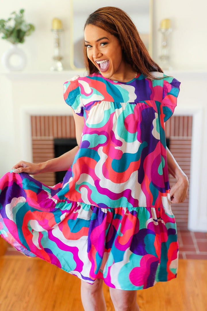 Go For Fun Fuchsia Geo Print Tiered Ruffle Sleeve Woven Dress - Nikki &amp; Co. Boutique