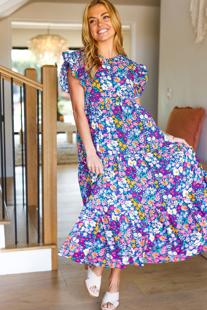 Just A Dream Navy Floral Smocked Ruffle Sleeve Maxi Dress | Nikki &amp; Co. Boutique