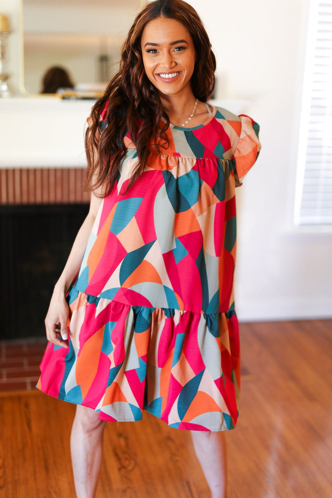 Stand Out Magenta &amp; Teal Geometric Yoke Woven Dress | Nikki &amp; Co. Boutique
