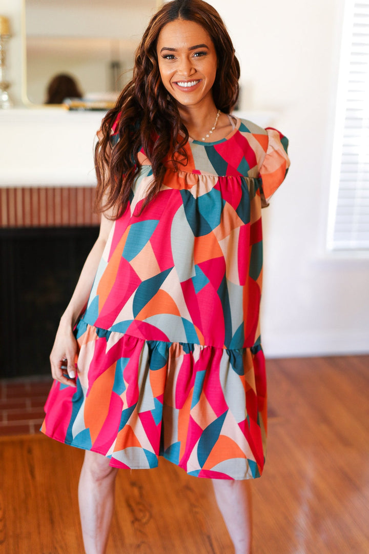 Stand Out Magenta &amp; Teal Geometric Yoke Woven Dress | Nikki &amp; Co. Boutique