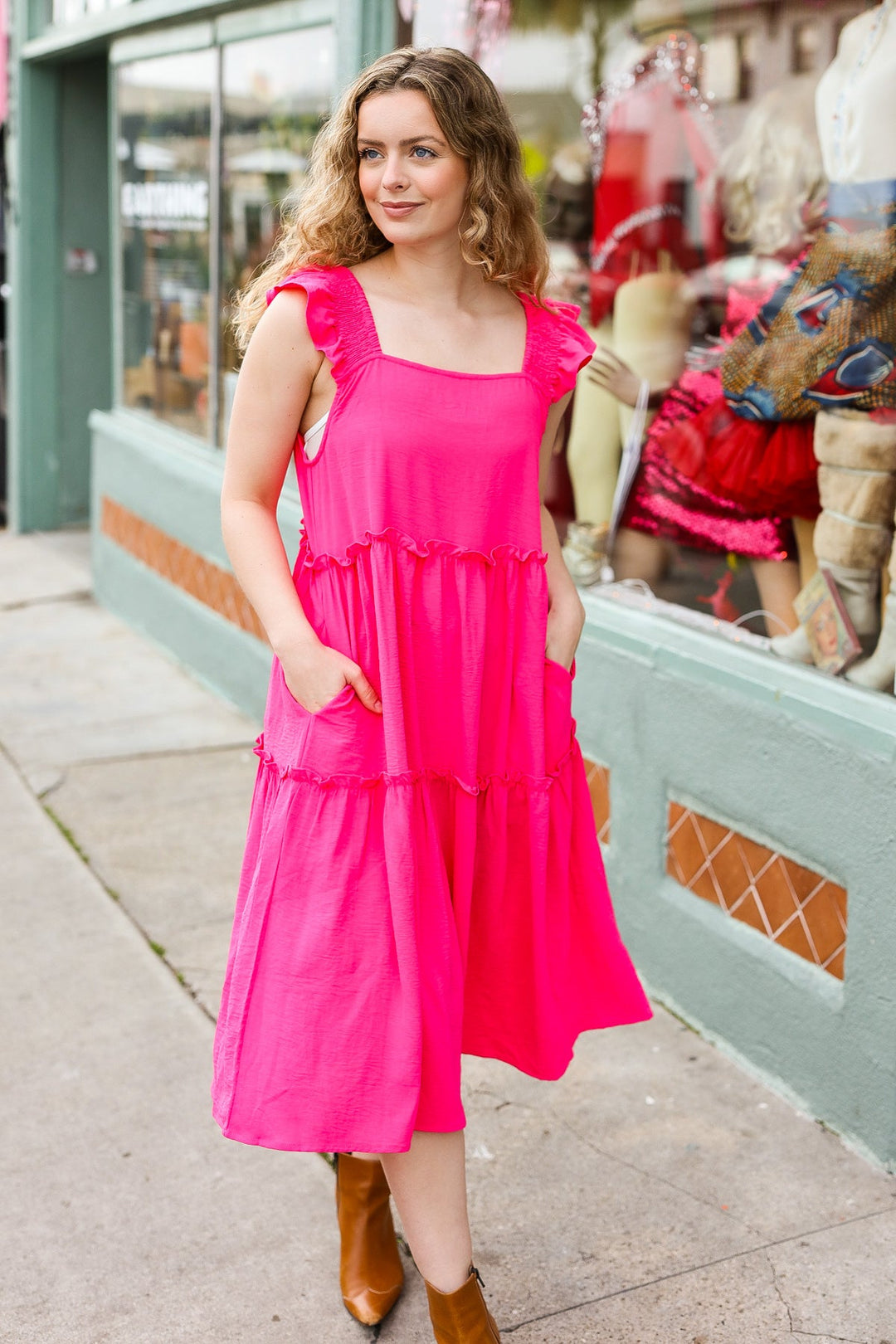 Lots To Love Fuchsia Smocked Flutter Sleeve Tiered Midi Dress | Nikki &amp; Co. Boutique