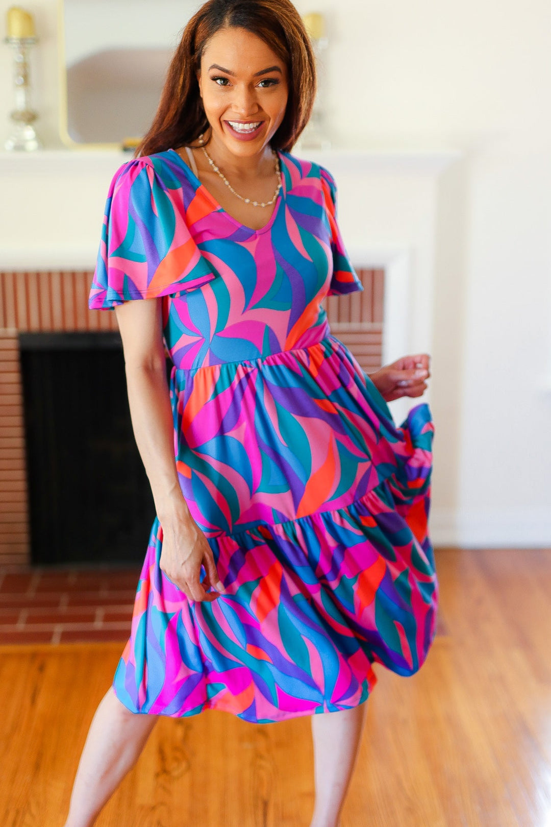 Remember Me Blue &amp; Fuchsia Geo Print V Neck Dress | Nikki &amp; Co. Boutique
