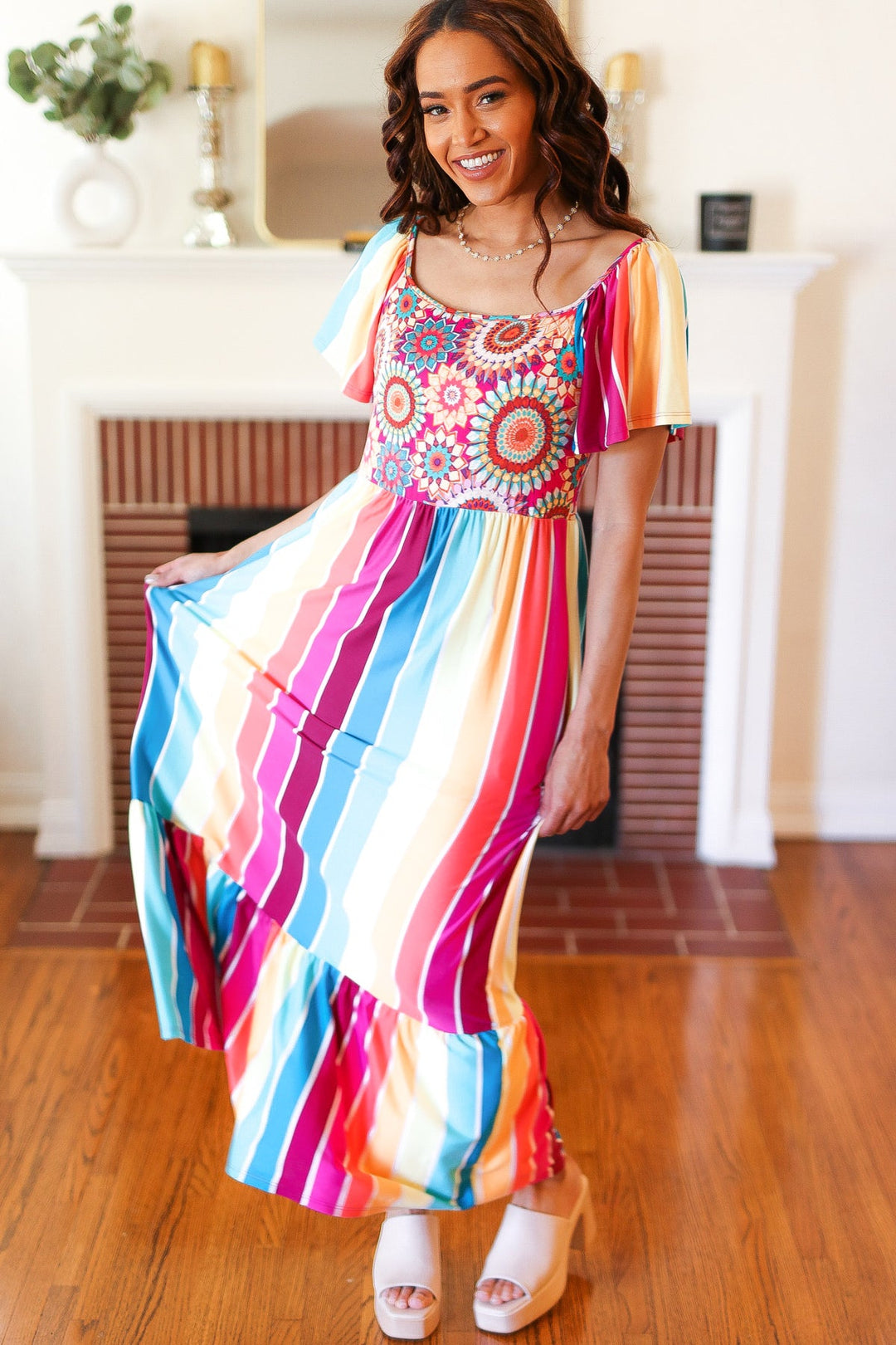 Feeling Bold Fuchsia &amp; Teal Striped Medallion Crochet Print Dress | Nikki &amp; Co. Boutique