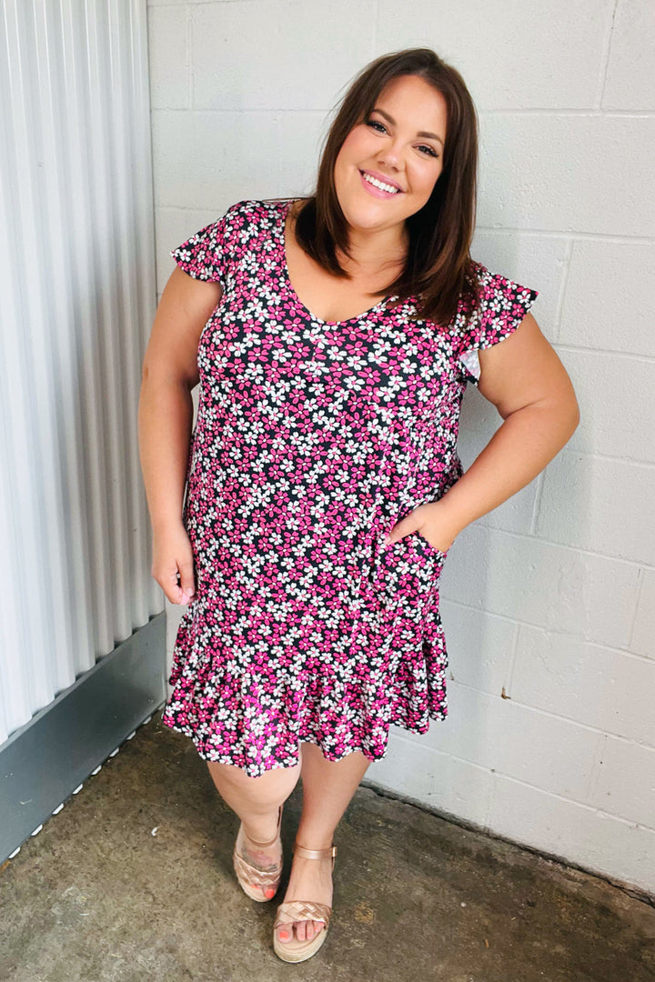 Black Multicolor Floral Babydoll Flutter Sleeve Midi Dress | Nikki &amp; Co. Boutique