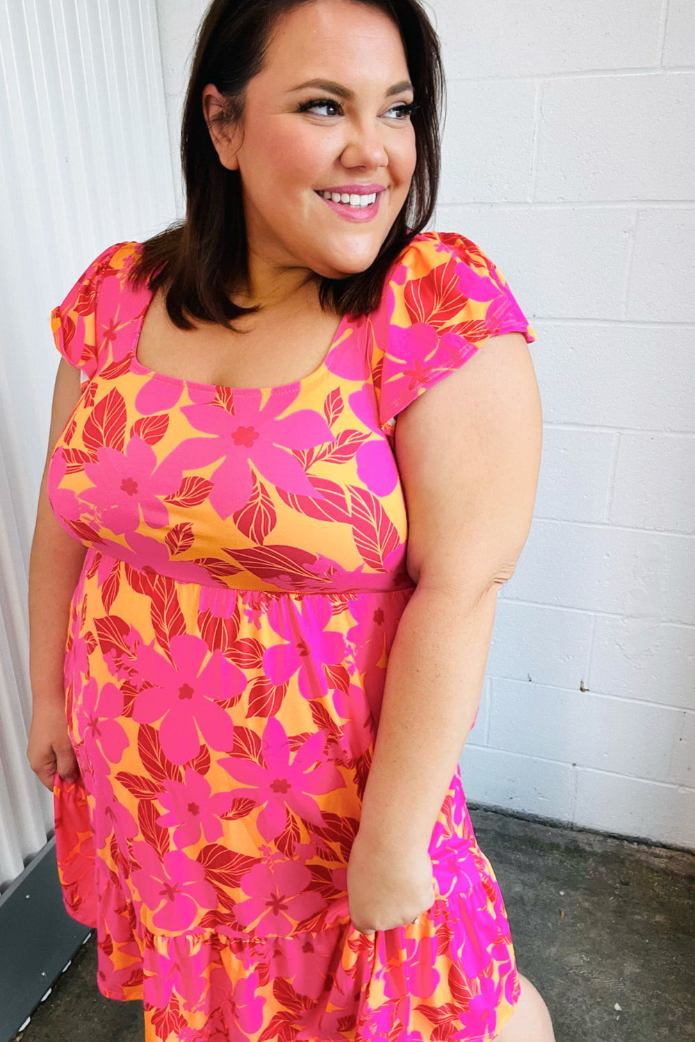 Fuchsia &amp; Orange Tropical Floral Square Neck Dress | Nikki &amp; Co. Boutique