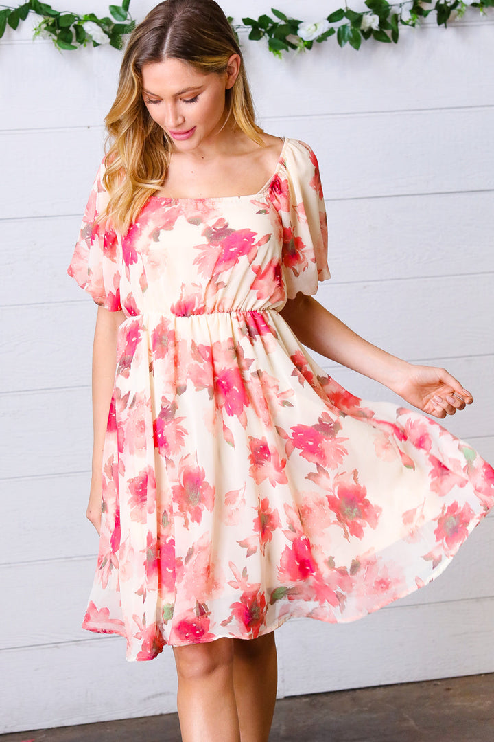 Peach Floral Chiffon Puff Sleeve Dress | Nikki &amp; Co. Boutique