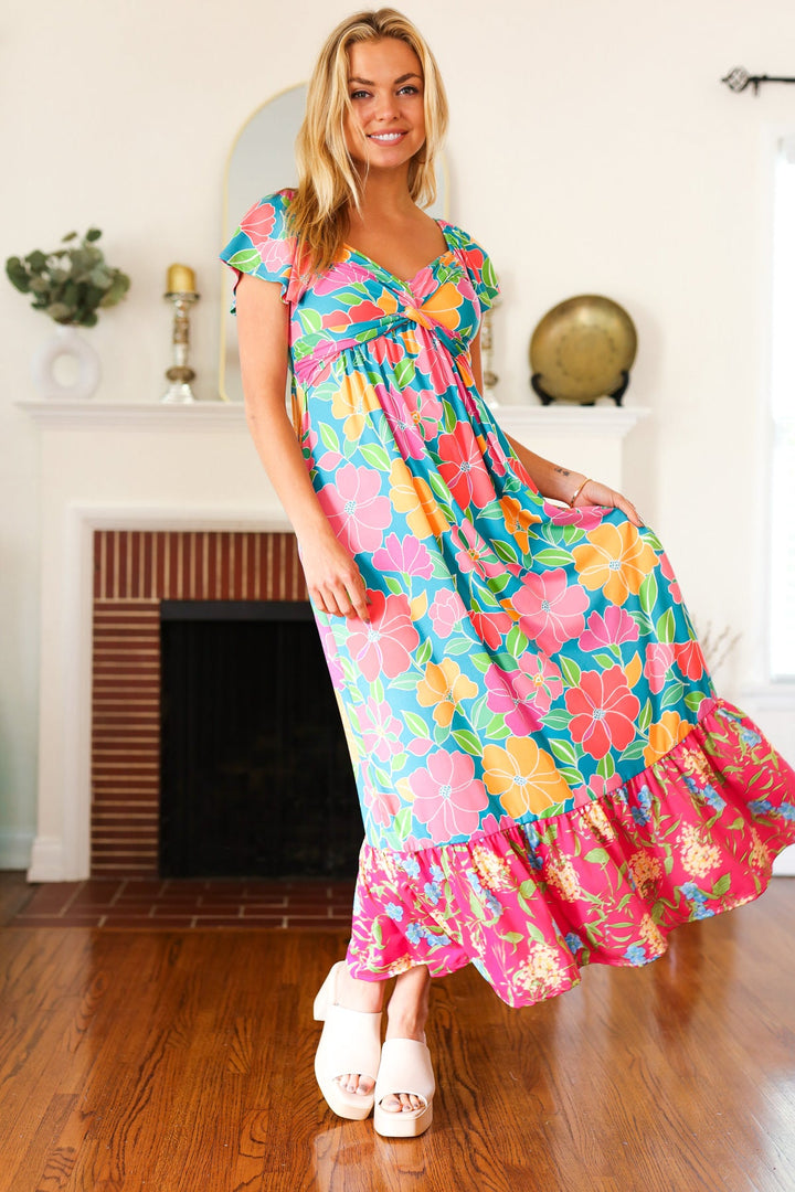 Vacay Vibes Blue Floral Print Sweetheart Twisted Neckline Maxi Dress | Nikki &amp; Co. Boutique