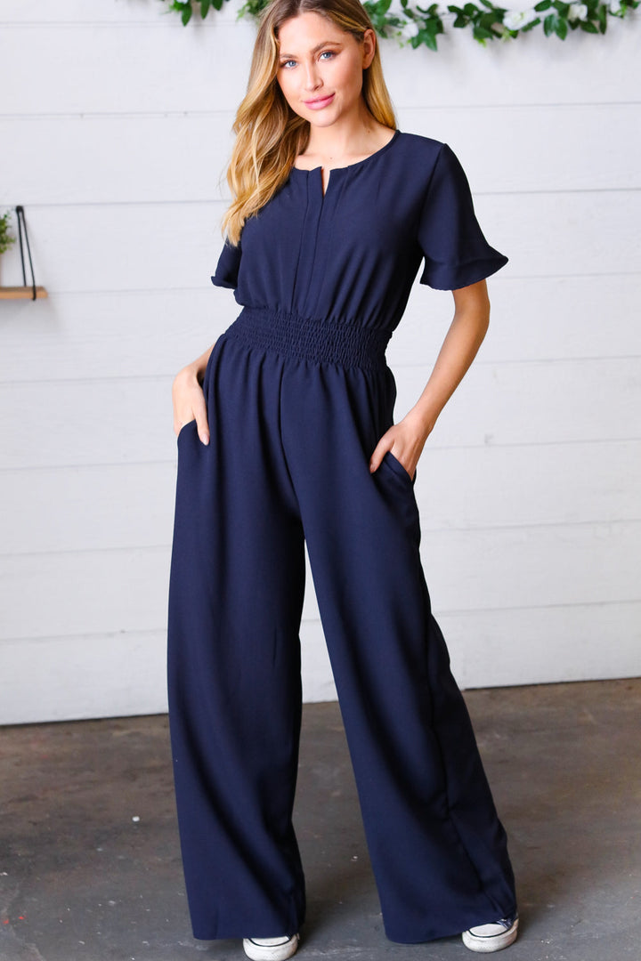 Dark Blue Smocked Waist Notch Neck Crepe Jumpsuit | Nikki &amp; Co. Boutique