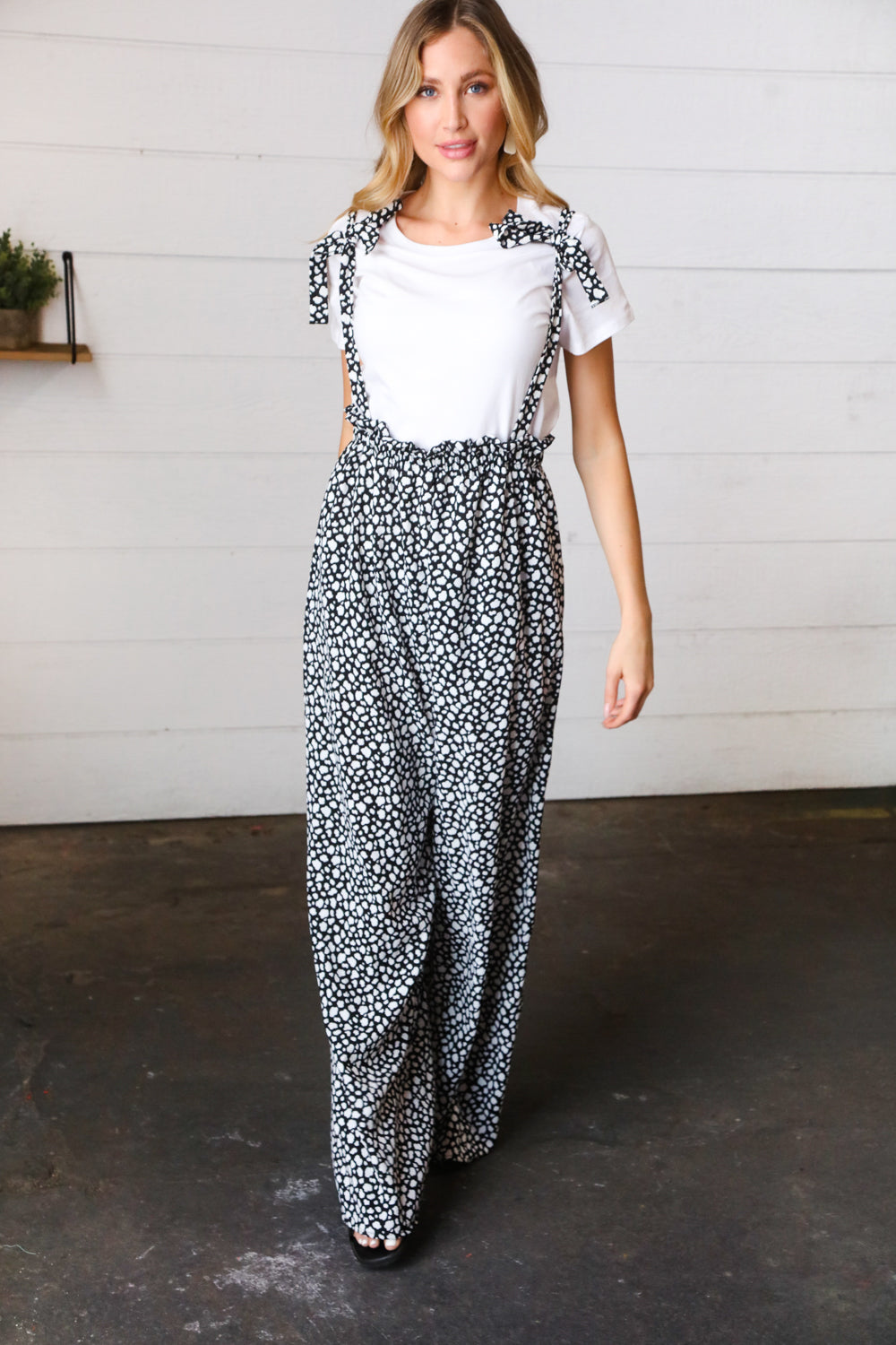 Black &amp; White Animal Print Wide Leg  Frilled Jumpsuit | Nikki &amp; Co. Boutique