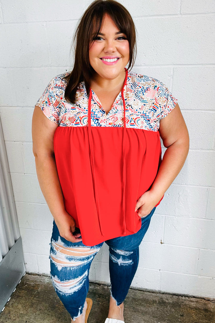 Red Boho Print Tie Neck Dolman Tops | Nikki &amp; Co. Boutique