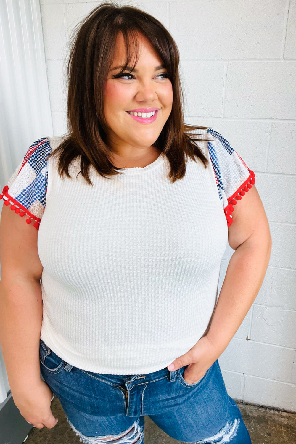 Patriotic Pom Pom Lace Flutter Sleeve Tops | Nikki &amp; Co. Boutique