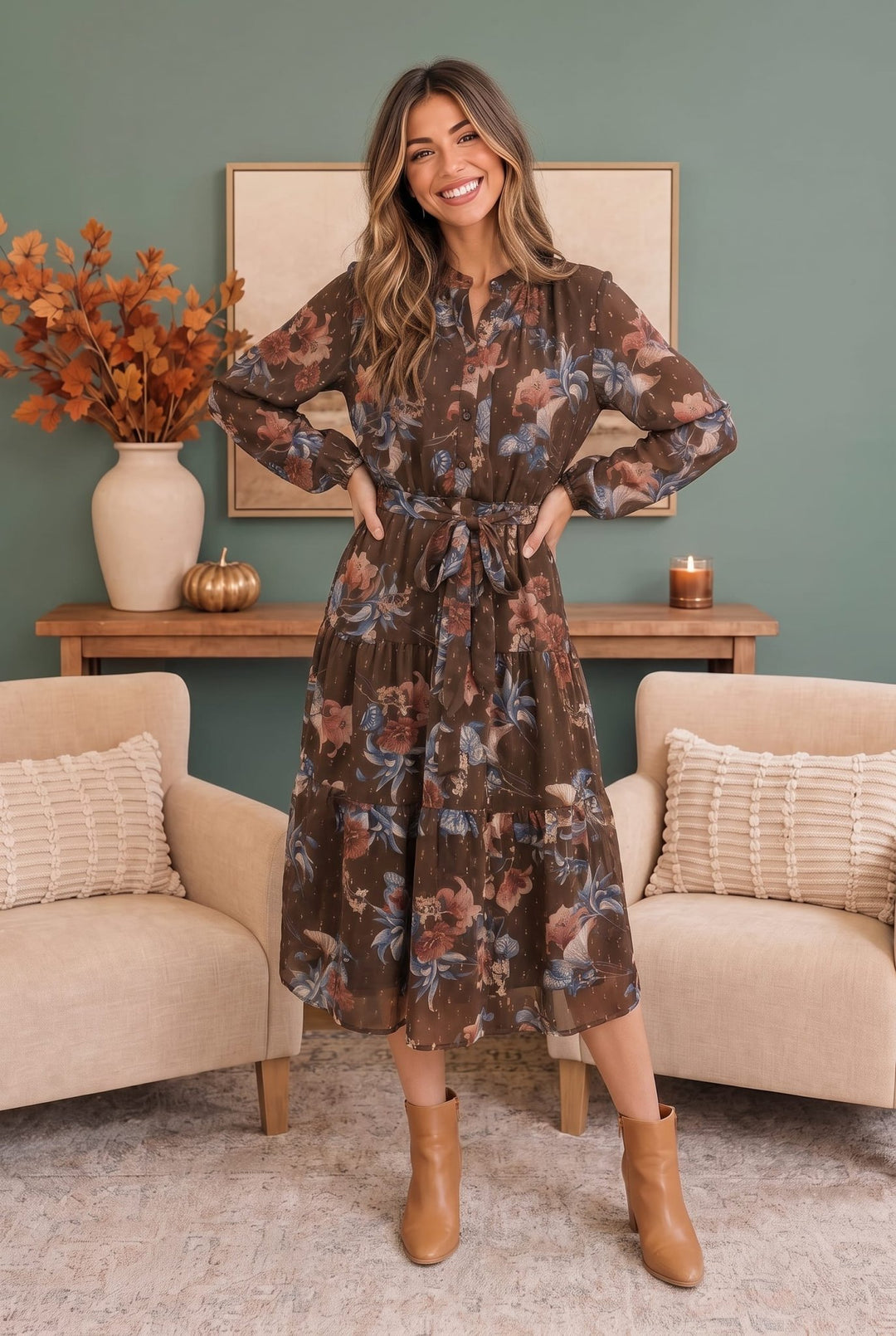 Autumn Garden Floral Midi Dress - Nikki &amp; Co. Boutique