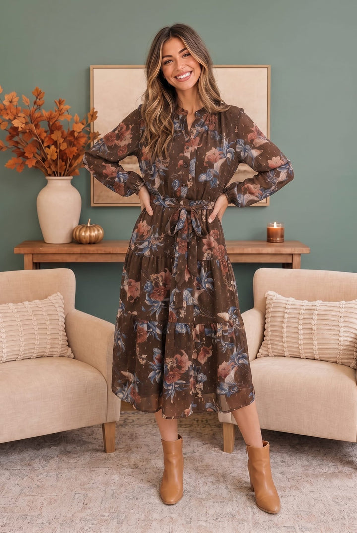 Autumn Garden Floral Midi Dress - Nikki &amp; Co. Boutique