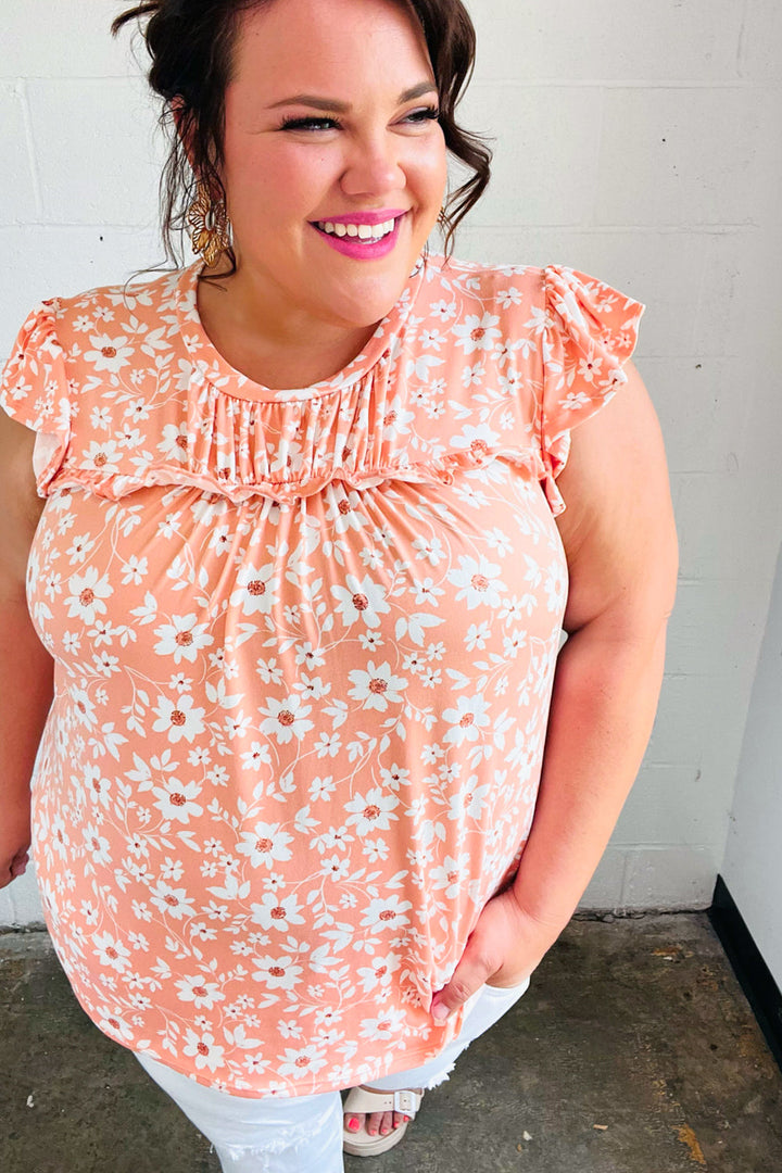 Peach Floral Print Frilled Shorts Sleeve Yoke Tops | Nikki &amp; Co. Boutique