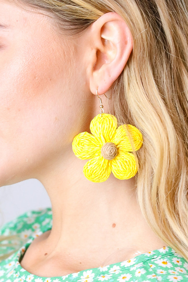 Canary Handwoven Straw Flower Dangle Earrings | Nikki &amp; Co. Boutique