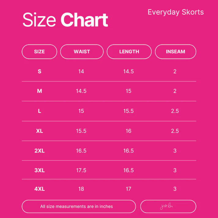 Size chart for everyday skorts on a pink background