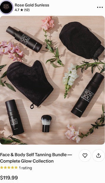 Rose Gold Sunless Face &amp; Body Self Tanning Bundle from the Complete Glow Collection, featuring black bottles, a black mitt, a black brush, and a black pouch arranged on a light wood background with pink and white flowers.