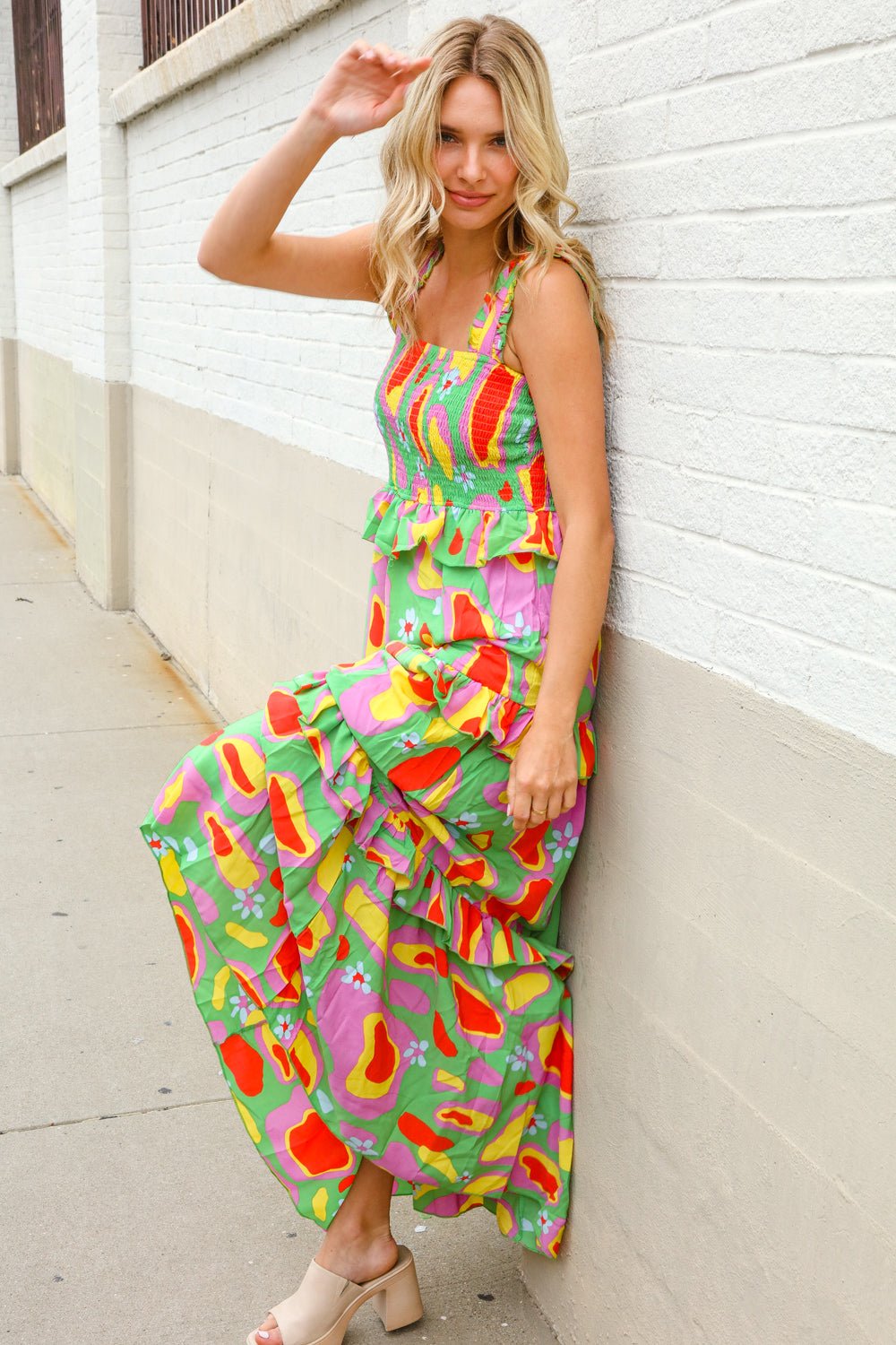 Sunny Days Abstract Print Tiered Ruffle Smocked Sleeveless Maxi - Nikki &amp; Co. Boutique