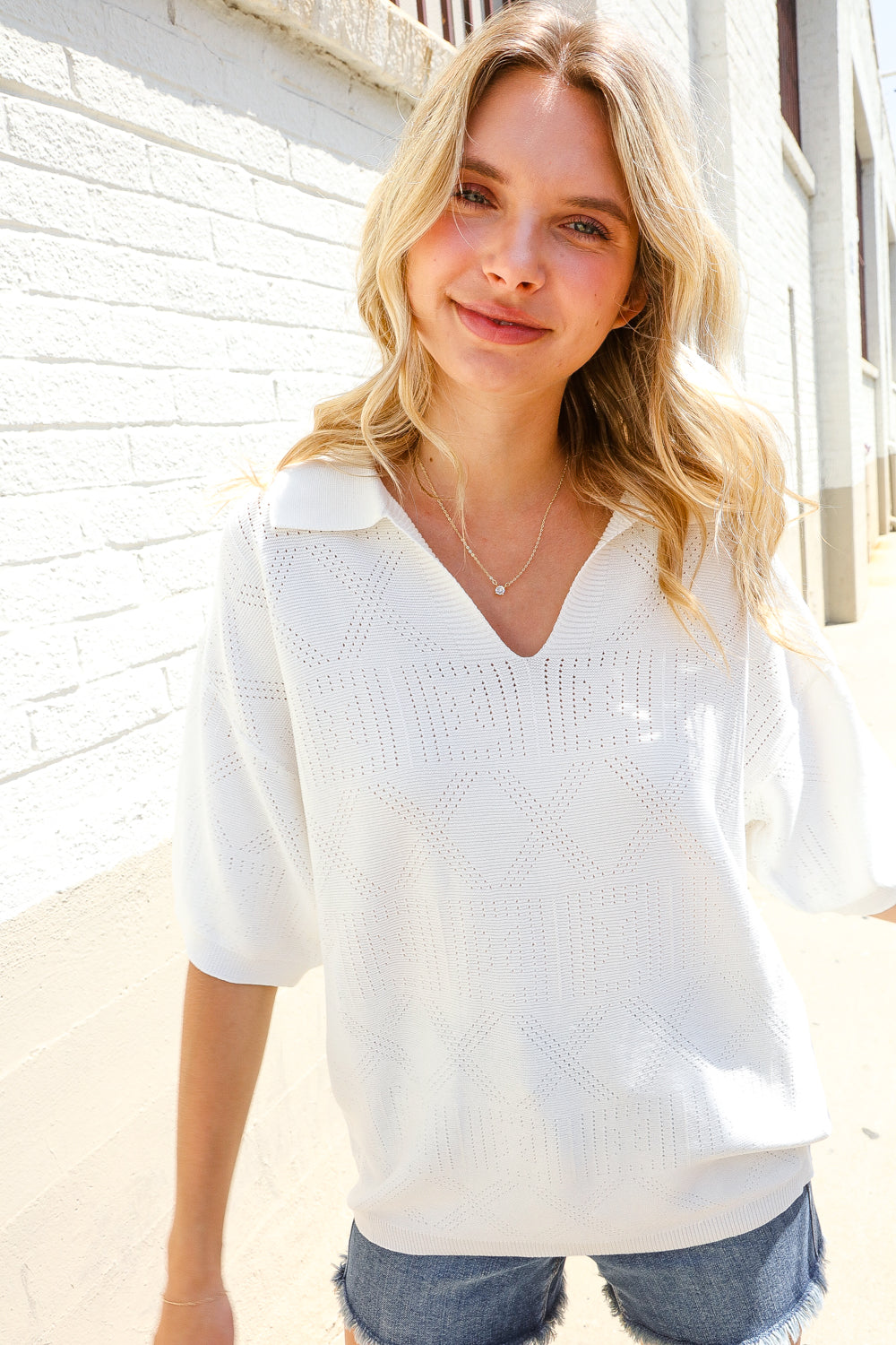 Lock Eyes White Pointelle Collar V Neck Shorts Sleeve Tops | Nikki &amp; Co. Boutique