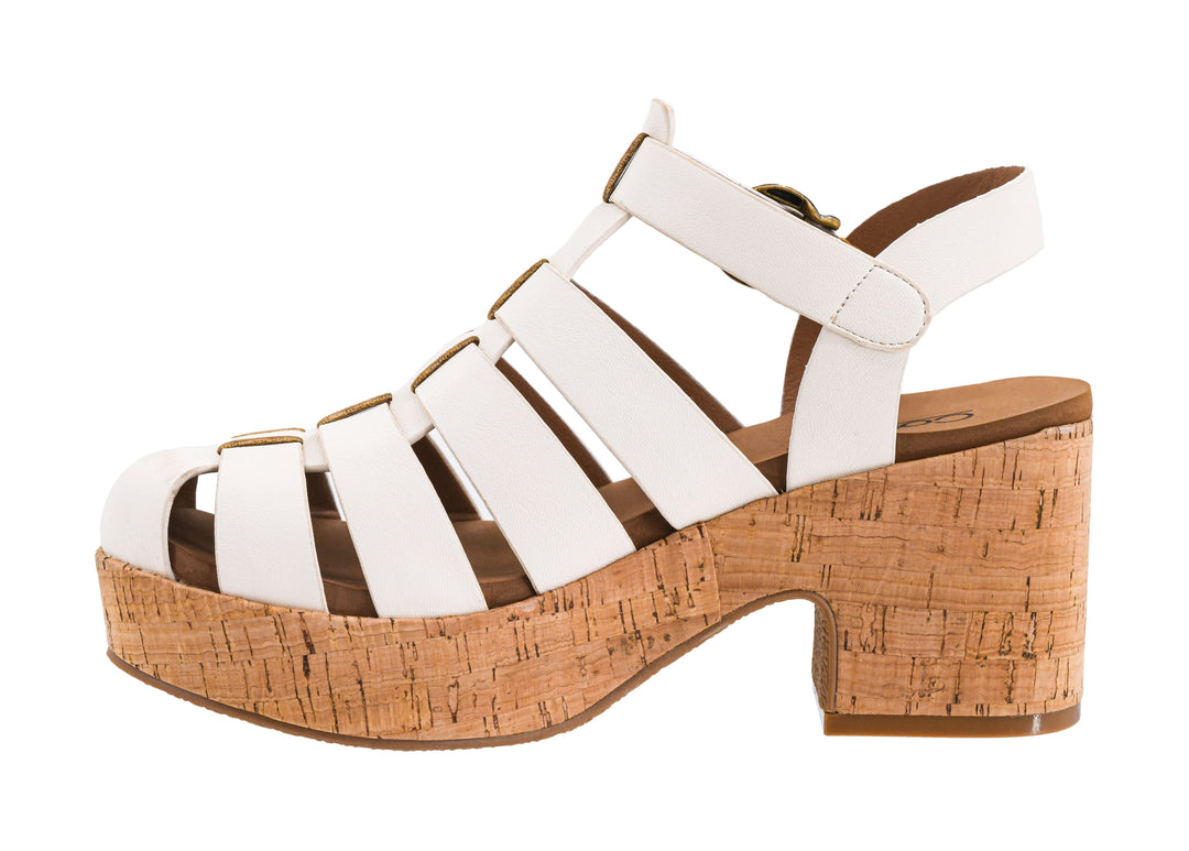 White platform sandal with cork sole on a white background