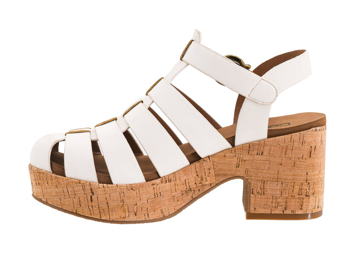 White platform sandal with cork sole on a white background
