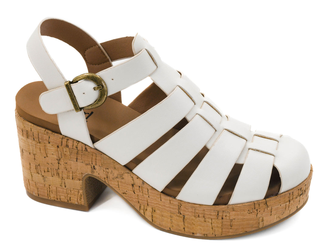White sandal with cork wedge sole on a white background