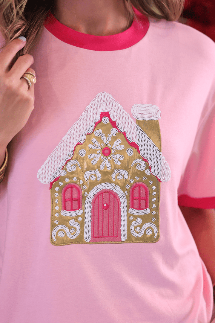 Foil Gingerbread House Tee - Pink (Pre-order) - Nikki &amp; Co. Boutique