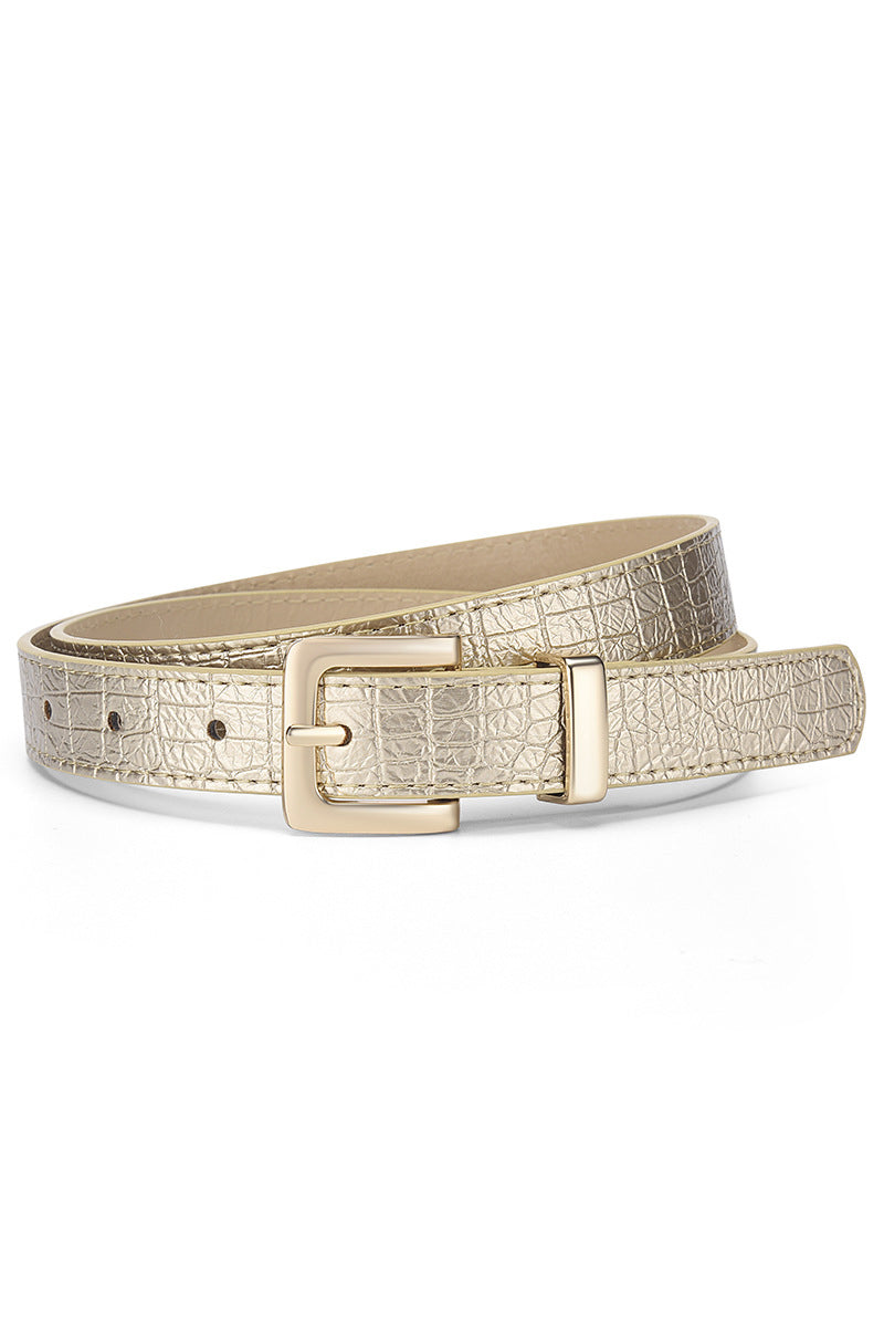 Gold metallic belt with a crocodile pattern on a white background