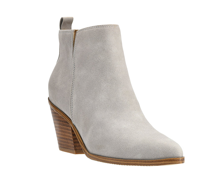 Gray ankle boot with a wooden heel on a white background