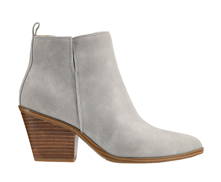 Gray ankle boot with wooden heel on a white background
