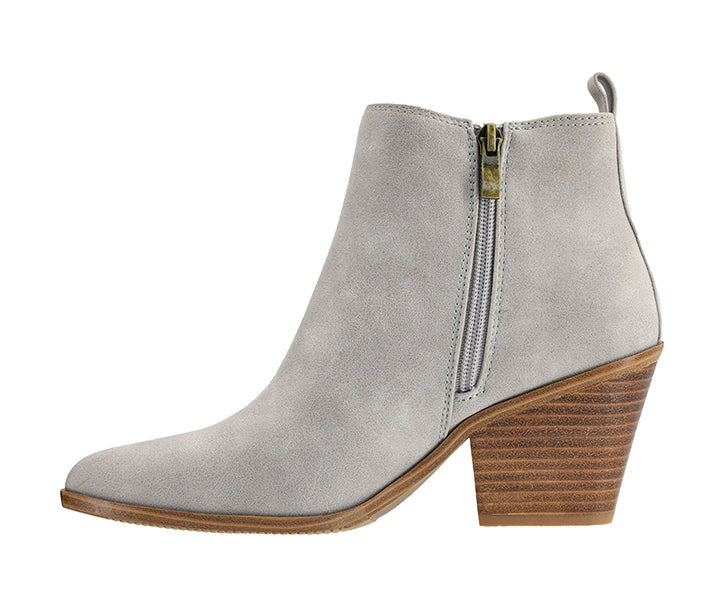 Gray suede ankle boot with a wooden heel on a white background