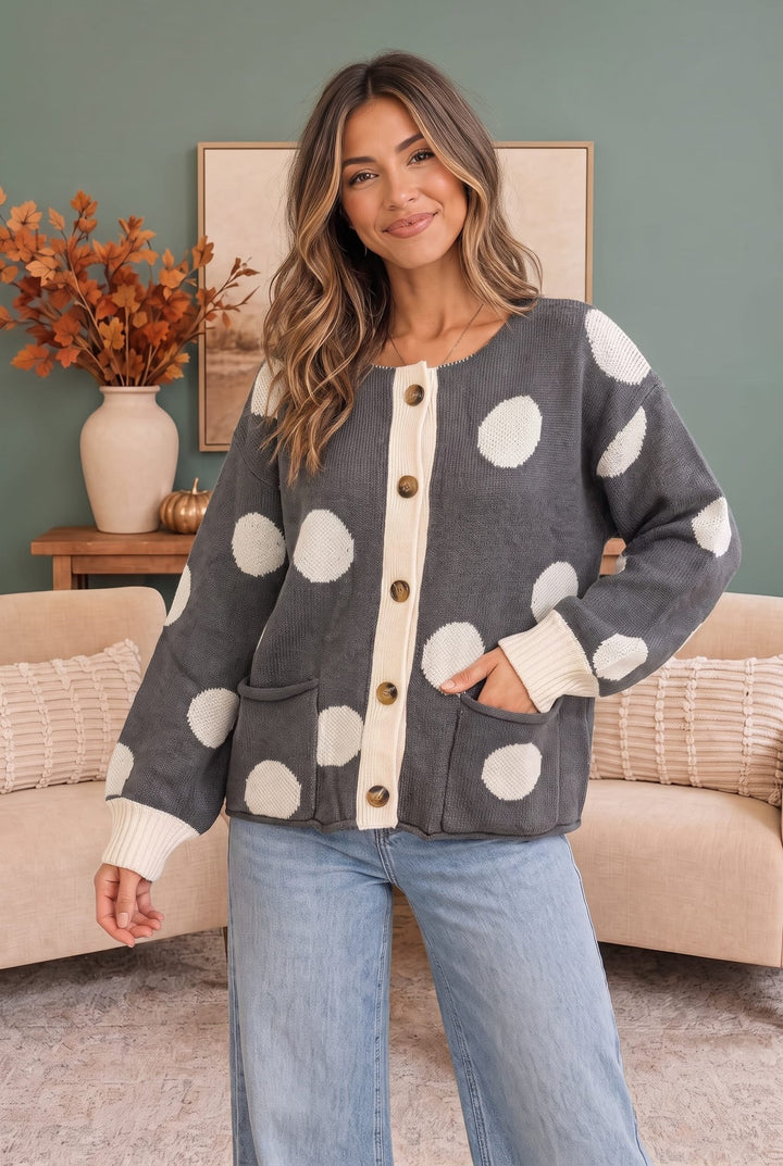 Dotty For You Charcoal Polka Dot Knit Cardigan - Nikki &amp; Co. Boutique