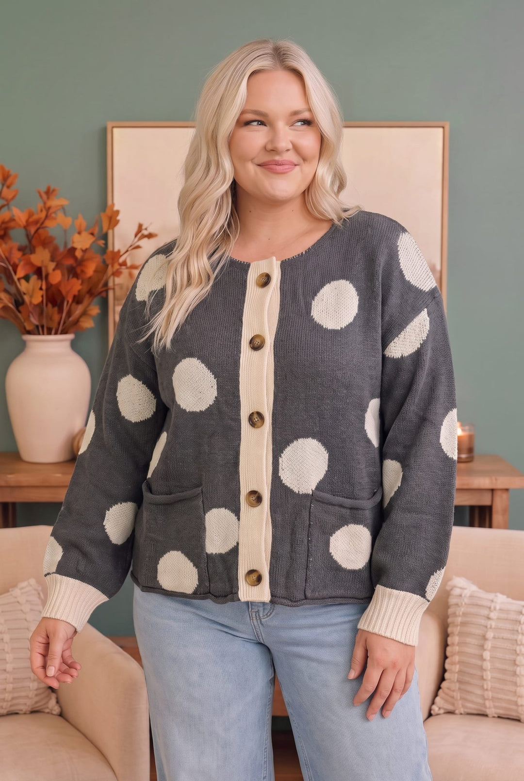 Dotty For You Charcoal Polka Dot Knit Cardigan - Nikki &amp; Co. Boutique