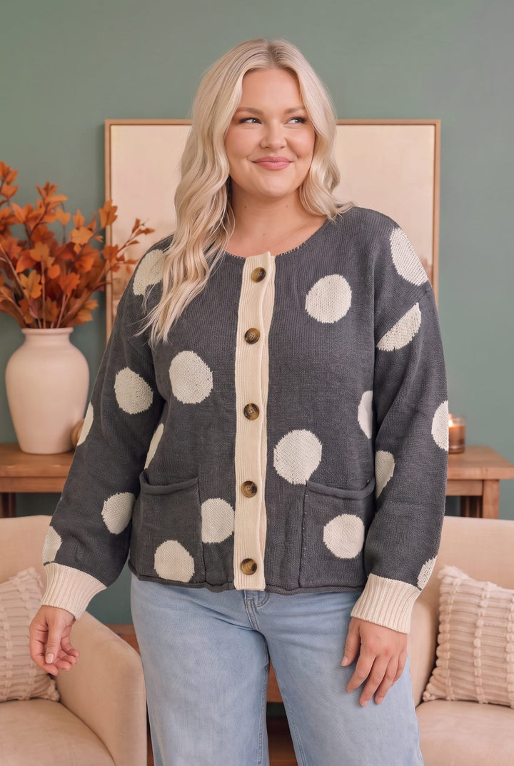 Dotty For You Charcoal Polka Dot Knit Cardigan - Nikki &amp; Co. Boutique