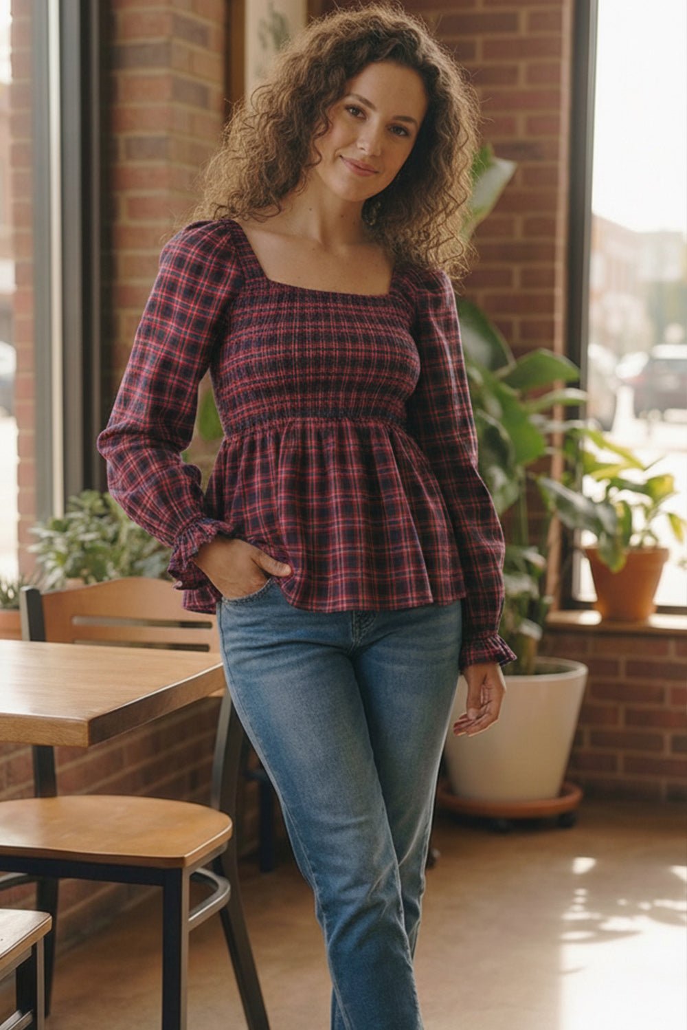Sweetheart Smocked Cranberry Plaid Tops | Nikki &amp; Co. Boutique