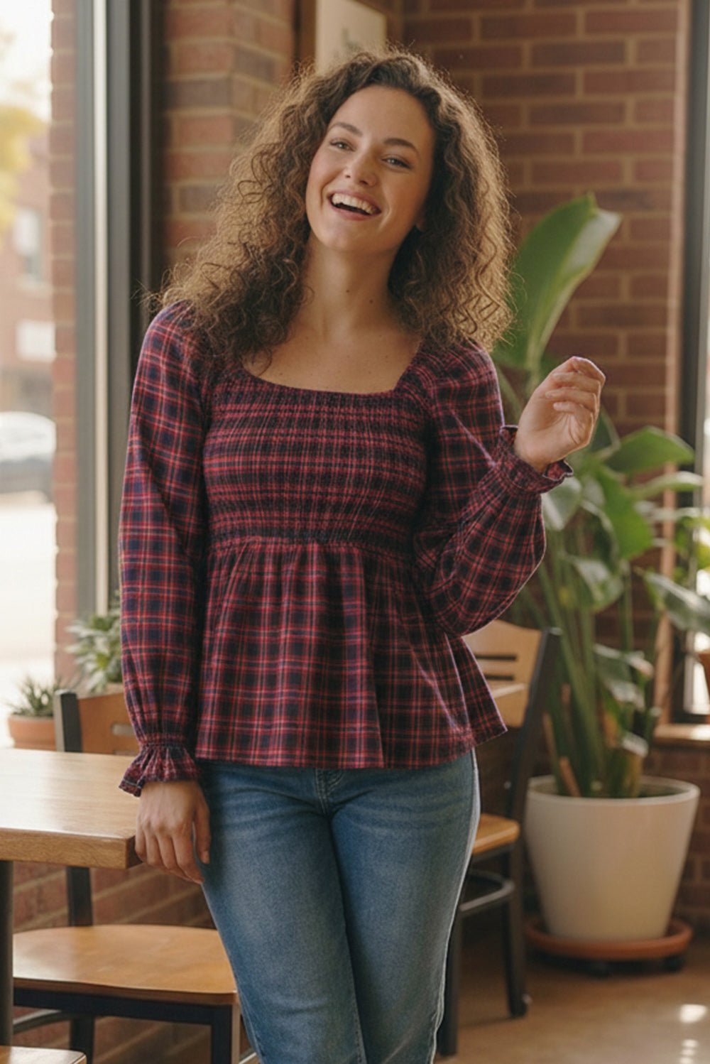 Sweetheart Smocked Cranberry Plaid Tops | Nikki &amp; Co. Boutique