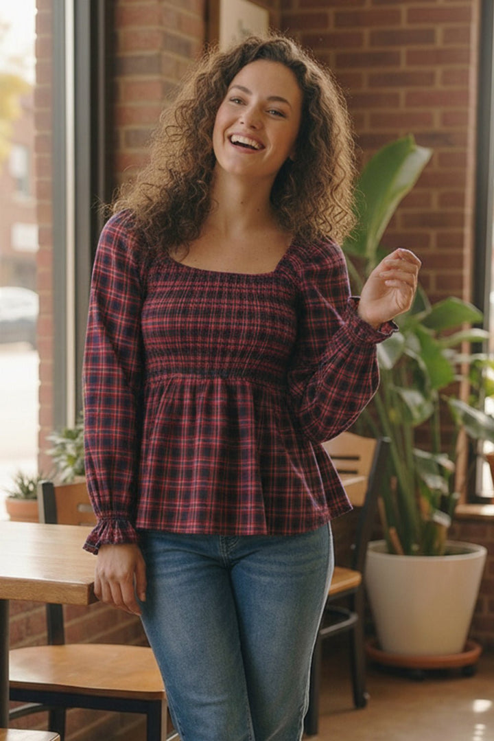 Sweetheart Smocked Cranberry Plaid Tops | Nikki &amp; Co. Boutique