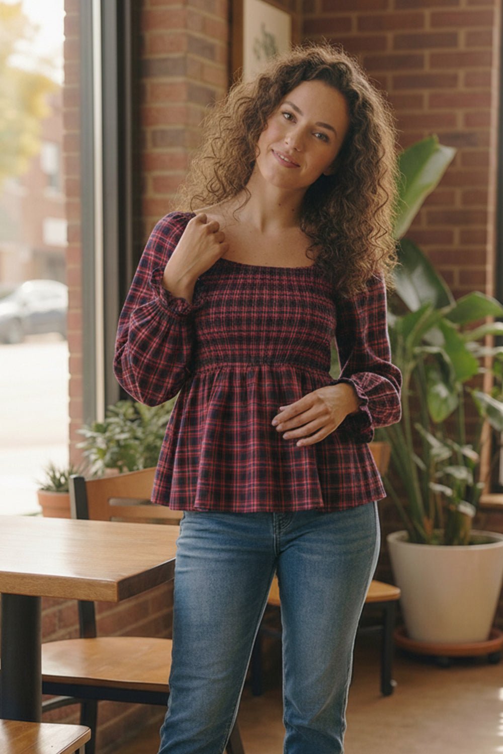 Sweetheart Smocked Cranberry Plaid Tops | Nikki &amp; Co. Boutique