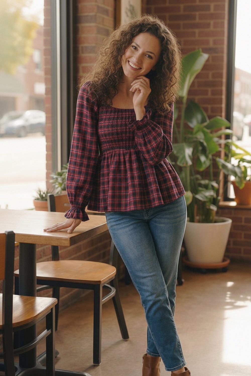 Sweetheart Smocked Cranberry Plaid Tops | Nikki &amp; Co. Boutique