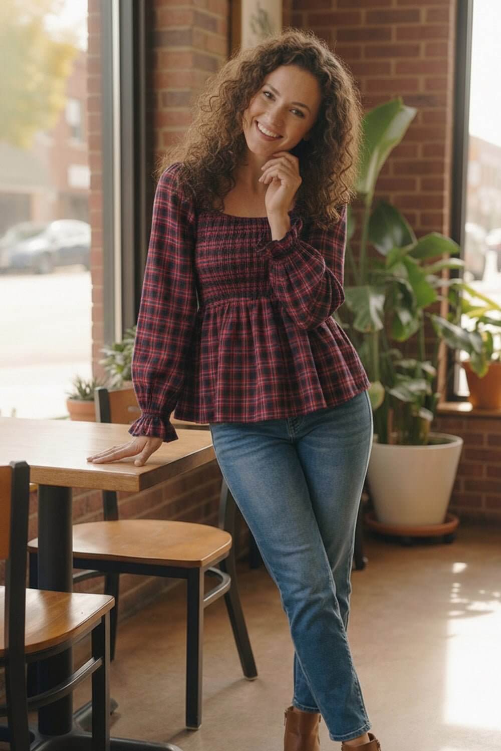 Sweetheart Smocked Cranberry Plaid Top - Nikki &amp; Co. Boutique