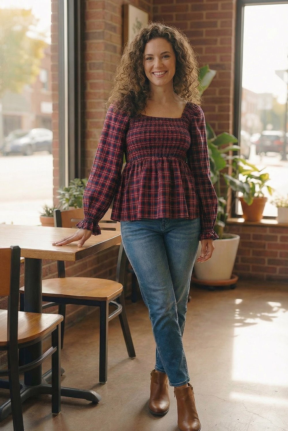 Sweetheart Smocked Cranberry Plaid Tops | Nikki &amp; Co. Boutique