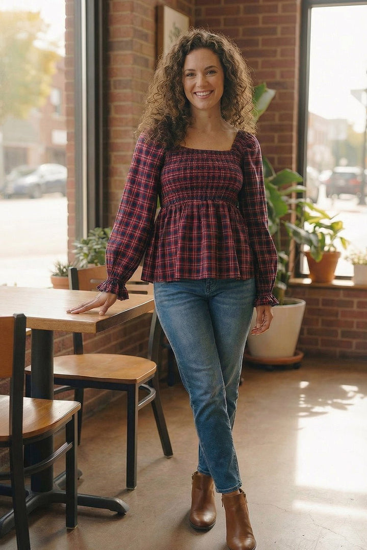 Sweetheart Smocked Cranberry Plaid Tops | Nikki &amp; Co. Boutique