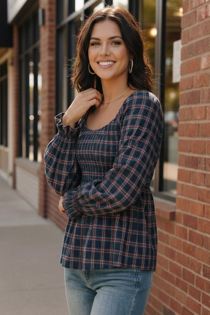 Sweetheart Smocked Navy Plaid Tops | Nikki &amp; Co. Boutique