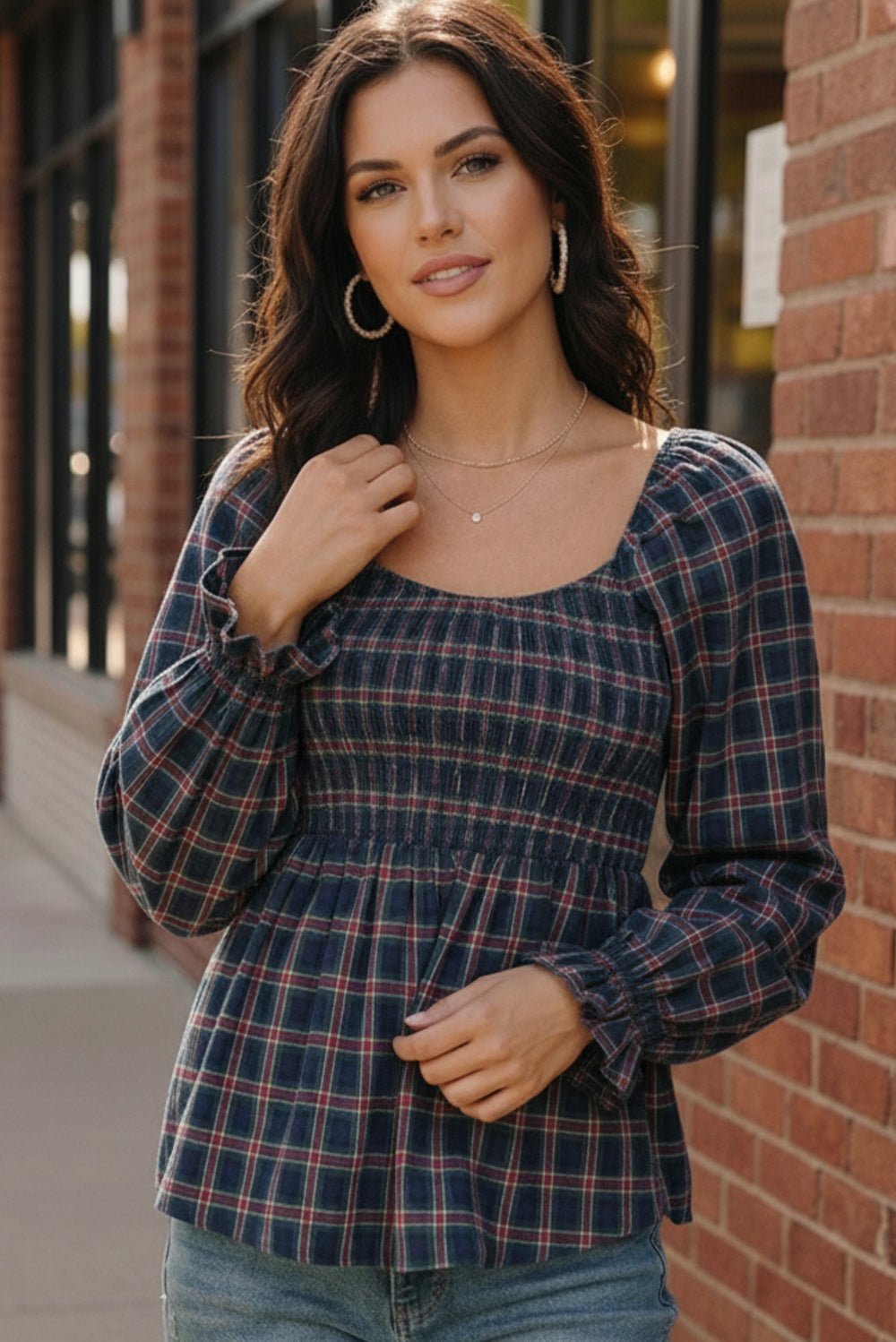 Sweetheart Smocked Navy Plaid Tops | Nikki &amp; Co. Boutique