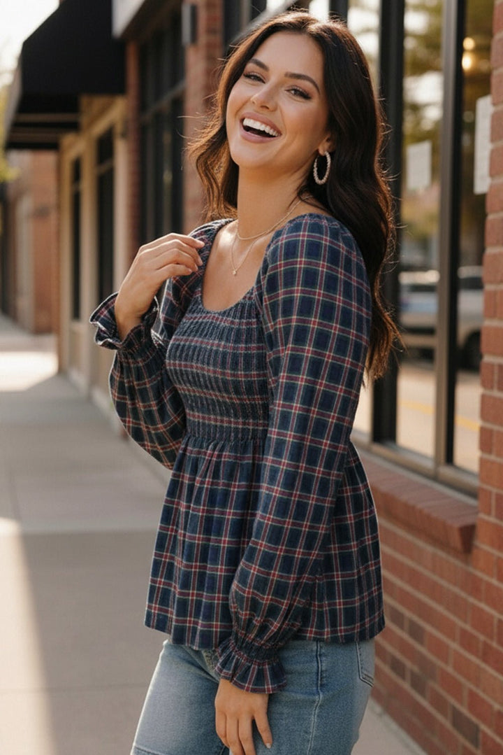 Sweetheart Smocked Navy Plaid Tops | Nikki &amp; Co. Boutique