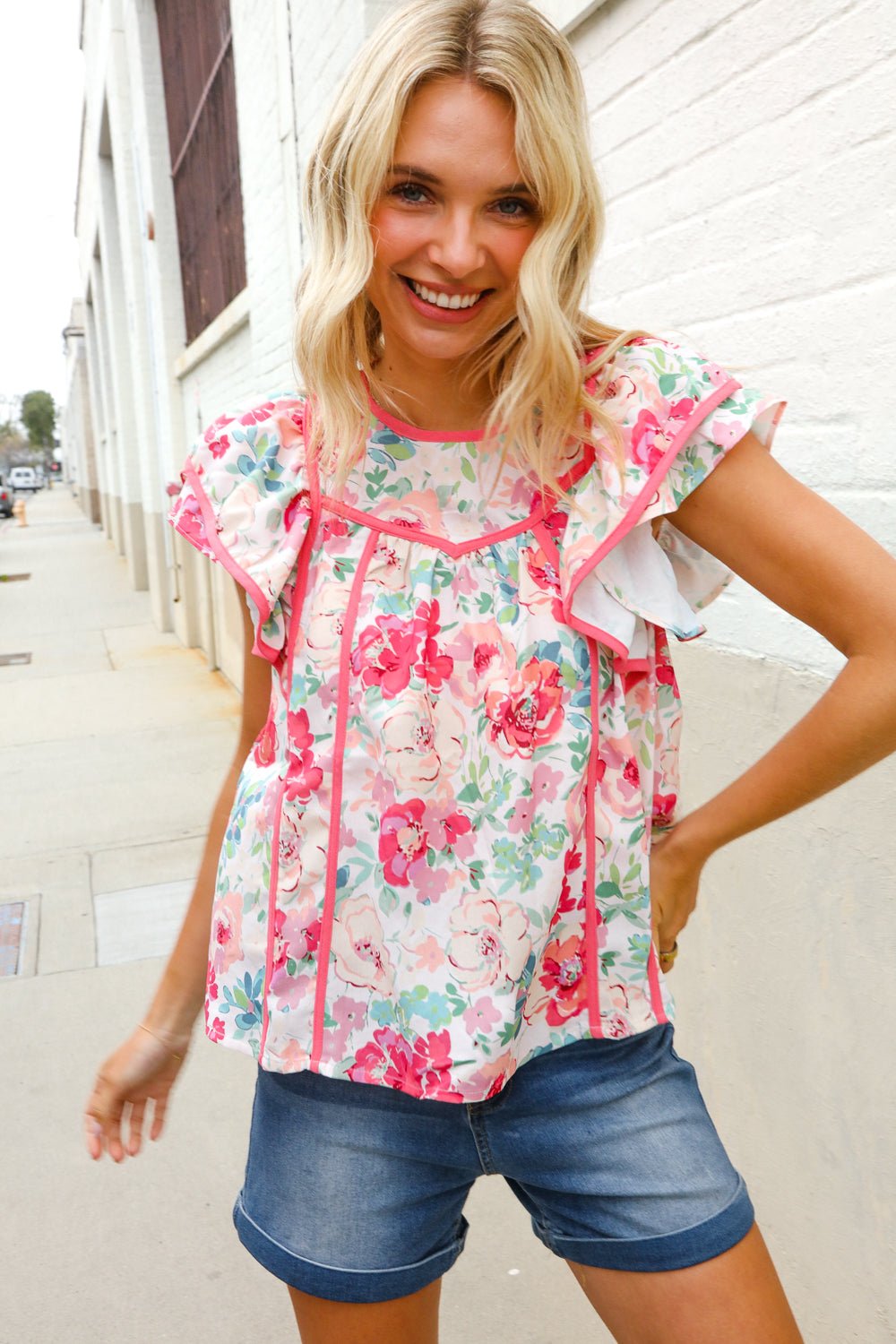 Southern Nights Pink Contrast Binding Floral Flutter Sleeve Tops - Nikki &amp; Co. Boutique