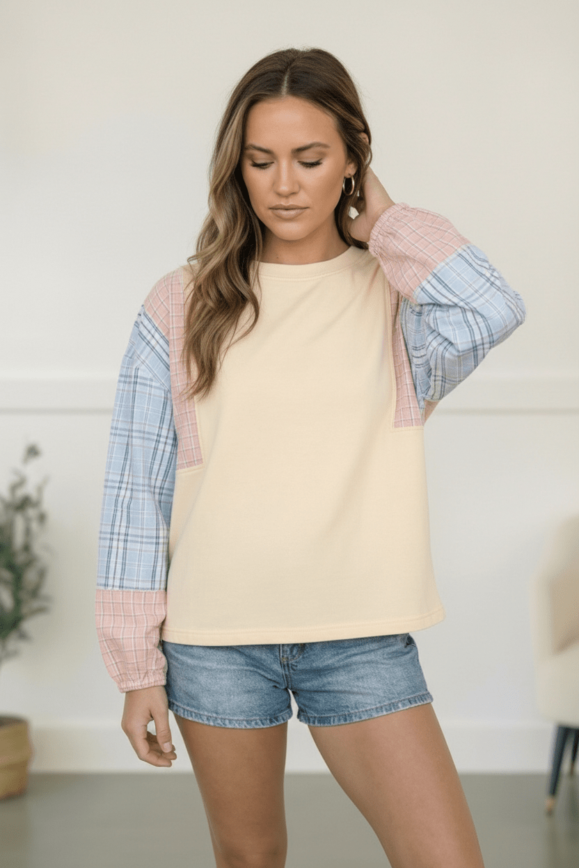 My Casual Cutie Oatmeal Patchwork Tops | Nikki &amp; Co. Boutique