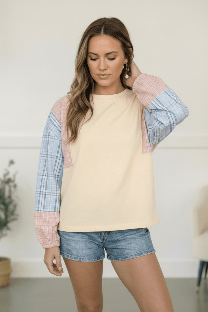 My Casual Cutie Oatmeal Patchwork Tops | Nikki &amp; Co. Boutique