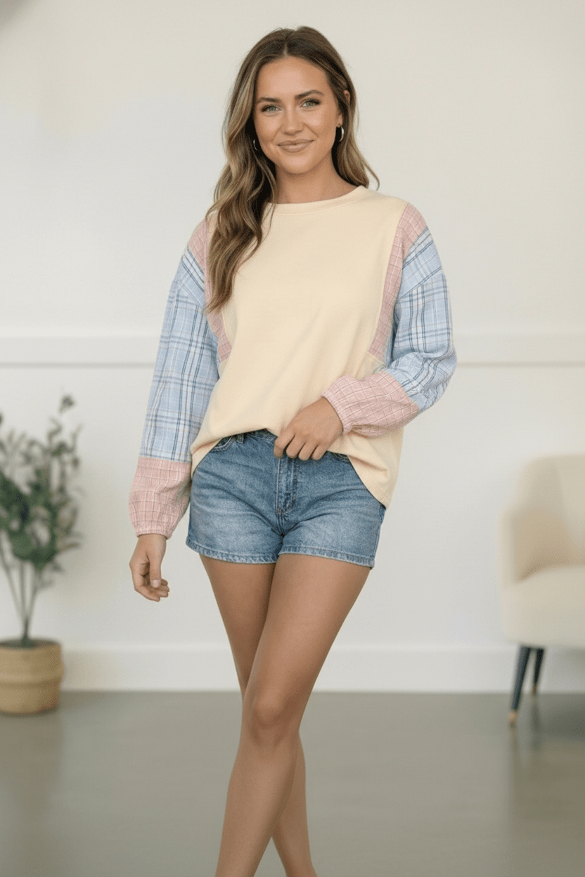 My Casual Cutie Oatmeal Patchwork Tops | Nikki &amp; Co. Boutique