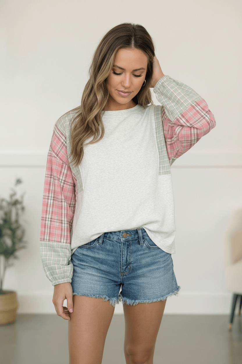 My Casual Cutie Grey Patchwork Top | Nikki &amp; Co. Boutique